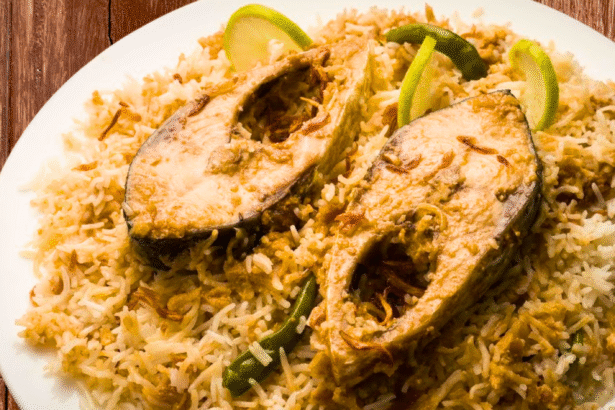 Ilish Biryani Dhakai Style served in traditional Bengali brassware